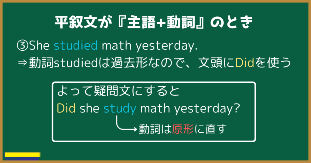 平叙文が『主語+動詞』のとき  ③She studied math yesterday.
⇒動詞studiedは過去形なので、文頭にDidを使う  よって疑問文にすると
Did she study math yesterday?
動詞は原形に直す