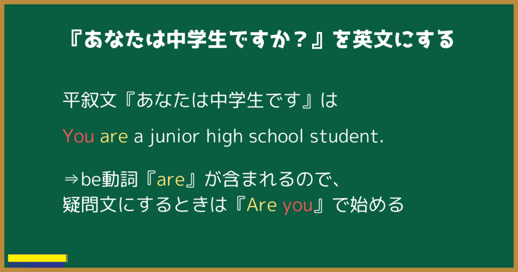 『あなたは中学生ですか？』を英文にする

平叙文『あなたは中学生です』は
You are a junior high school student.
⇒be動詞『are』が含まれるので、
疑問文にするときは『Are you』で始める