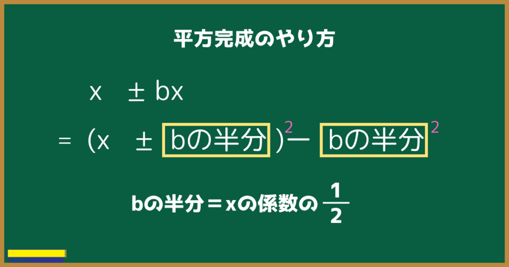 平方完成のやり方  x ± bx
=(x ± bの半分 )^2-( bの半分)^2  bの半分＝xの係数の1/2