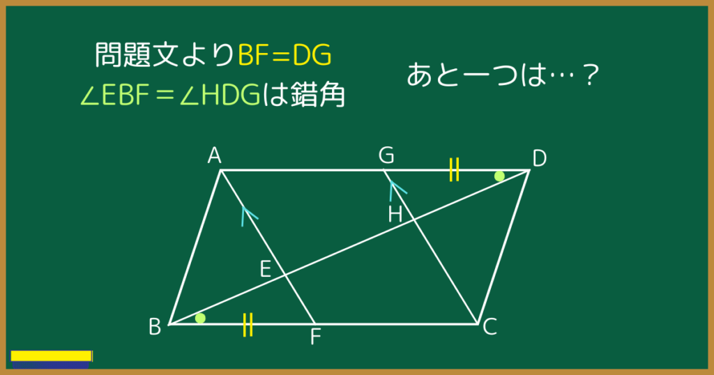 問題文よりBF=DG∠EBF＝∠HDGは錯角あと一つは…？