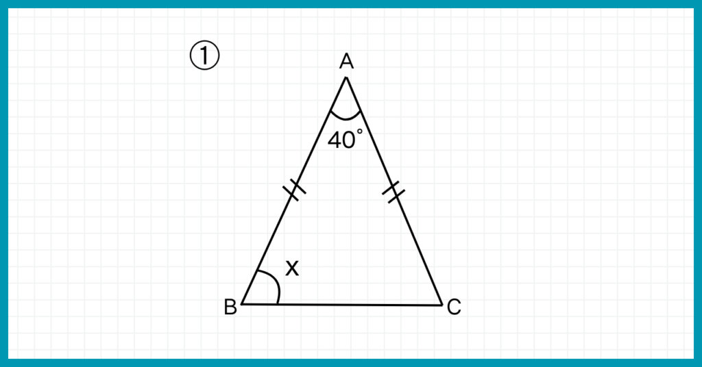 例題①の問題
二等辺三角形の頂角が40°の時、片方の底角の大きさは？