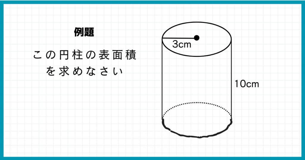 円柱の表面積を求める例題  底面の円の半径は3cm、円柱の高さは10cm