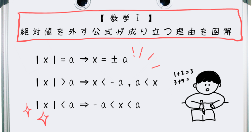 【数学Ⅰ】絶対値を外す公式が成り立つ理由を図解【|x|=a,|x|>a,|x|
